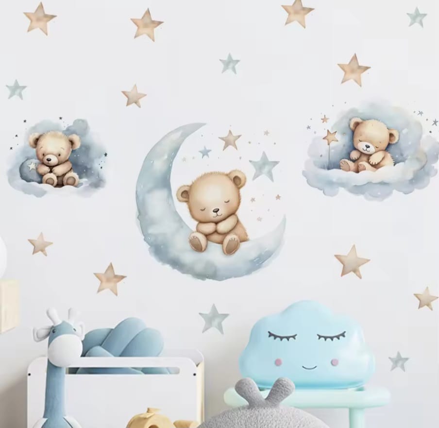 Kuschelbär Mond und Sterne Blau Wandtattoo