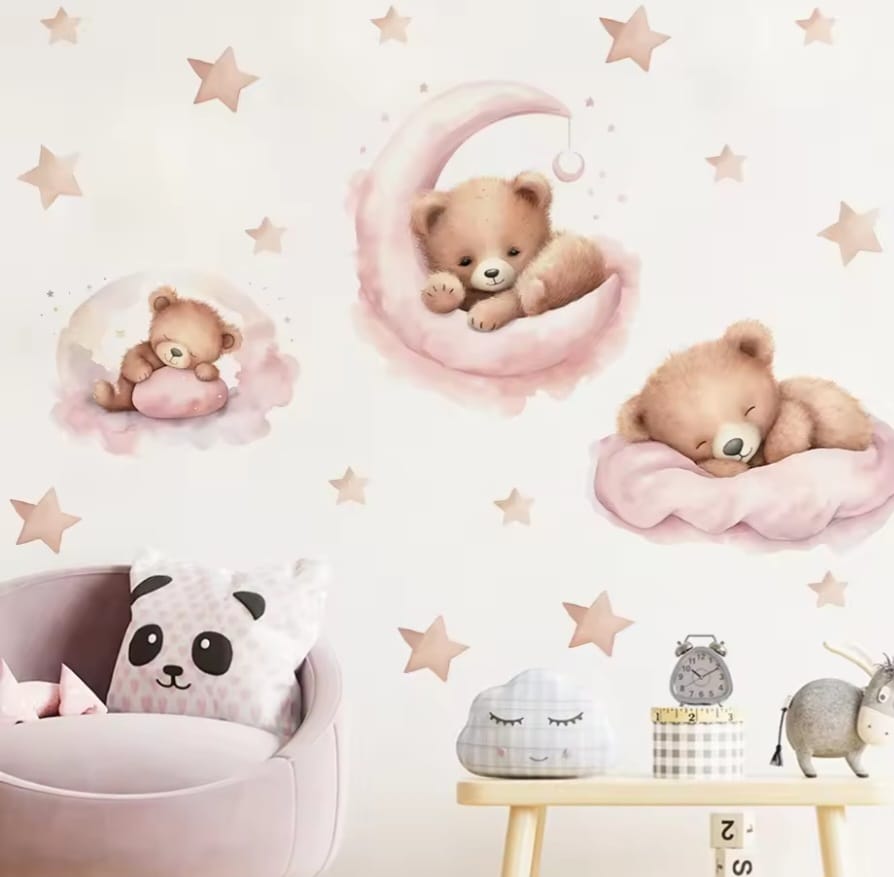 Kuschelbär Mond und Sterne Rosa Wandtattoo
