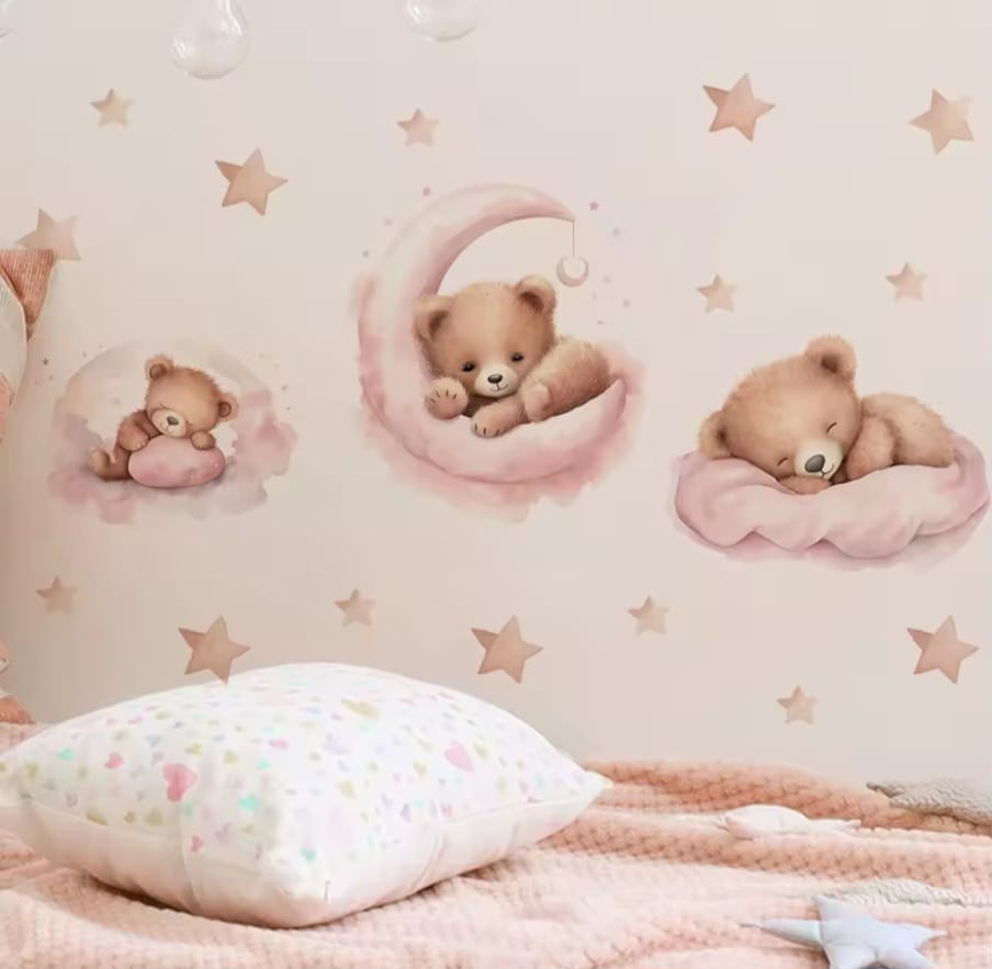 Kuschelbär Mond und Sterne Rosa Wandtattoo