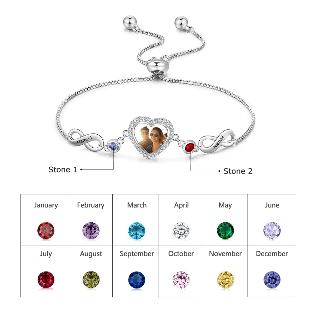 Armband Zirconia Herz mit Foto, Name und Geburtssteine