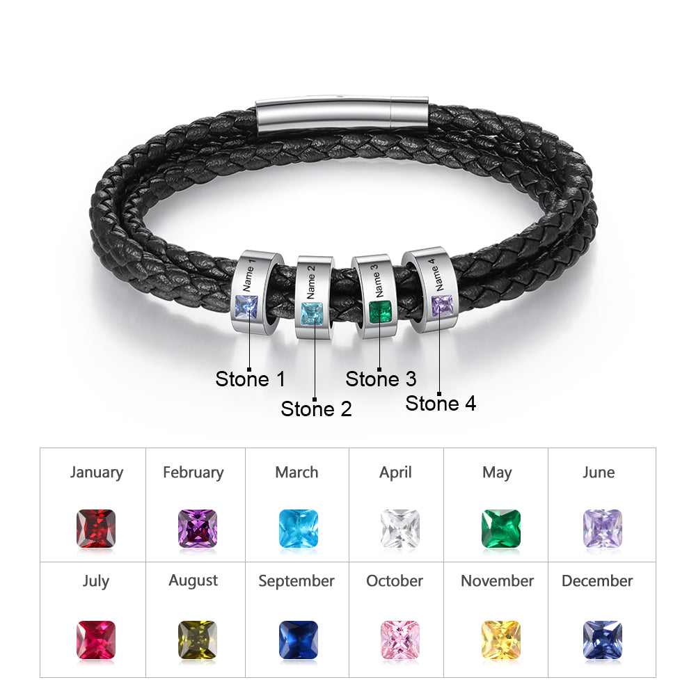 Edelstahl Leder Zirconia Geburtsstein und Name Armband