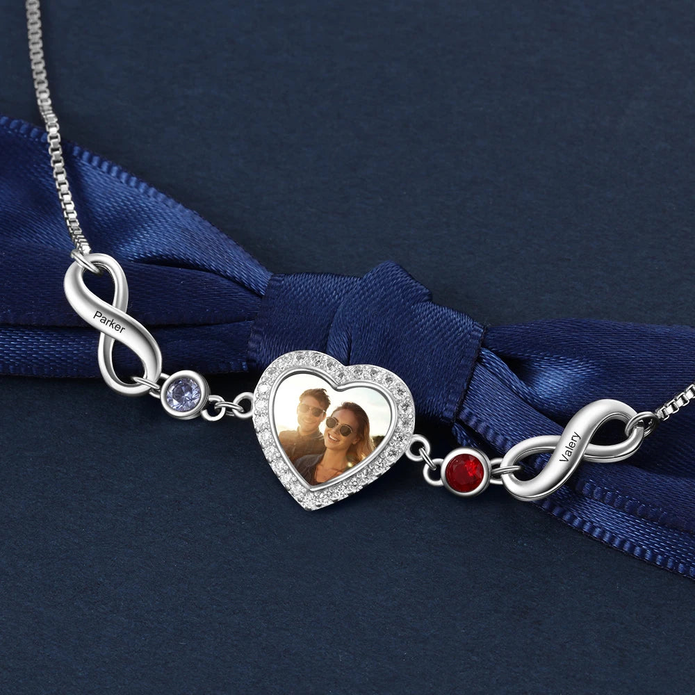 Armband Zirconia Herz mit Foto, Name und Geburtssteine