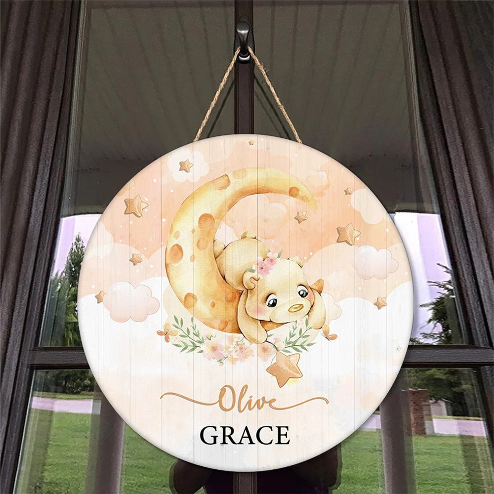 Personalisierbares Holz Schild Bär auf Mond mit Stern