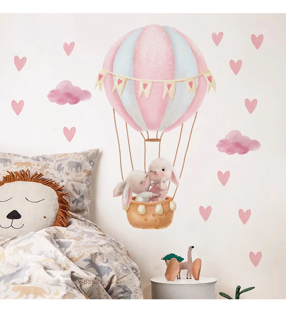 Hase im Ballon und Herzen Wandtattoo