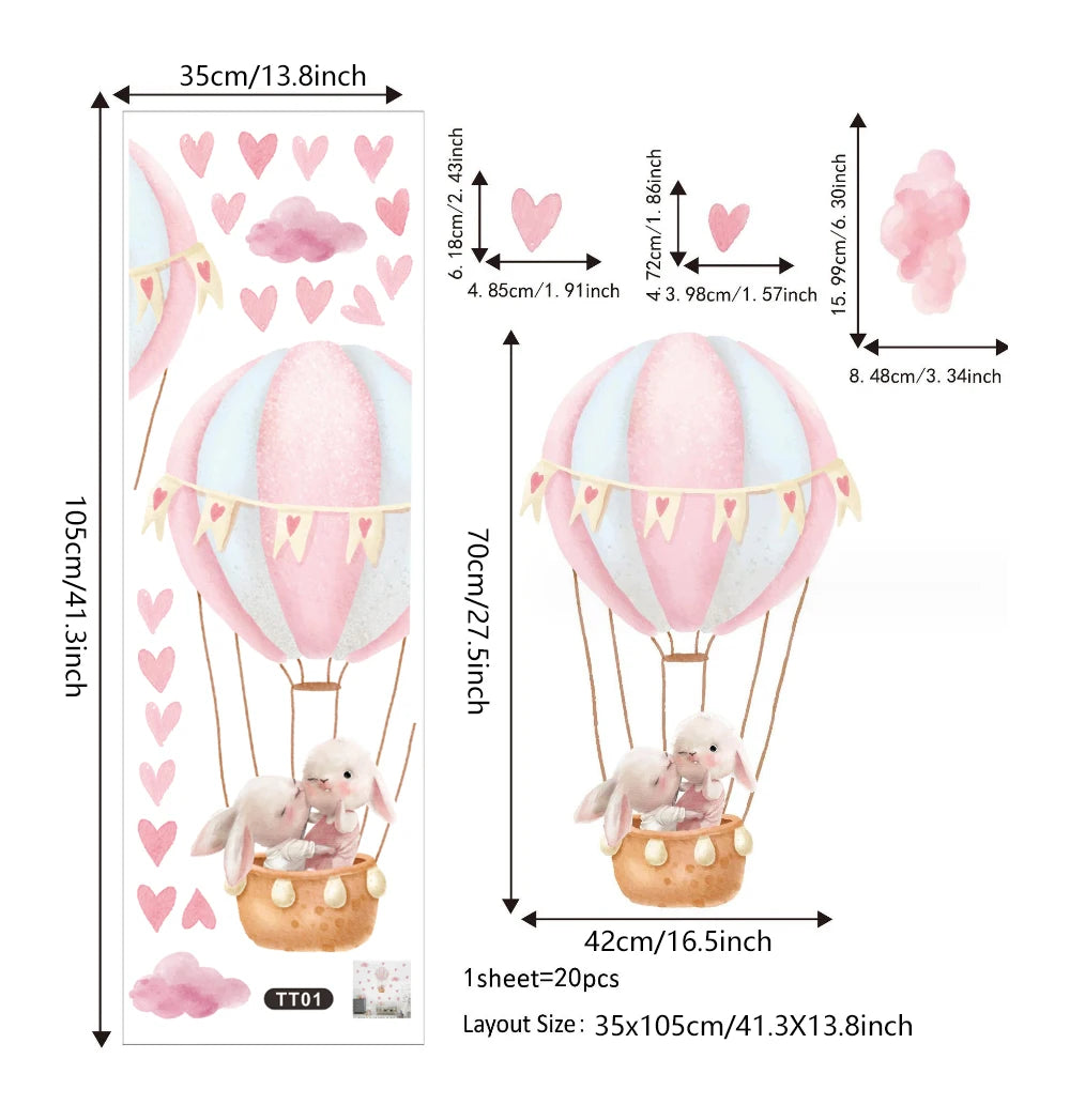 Hase im Ballon und Herzen Wandtattoo