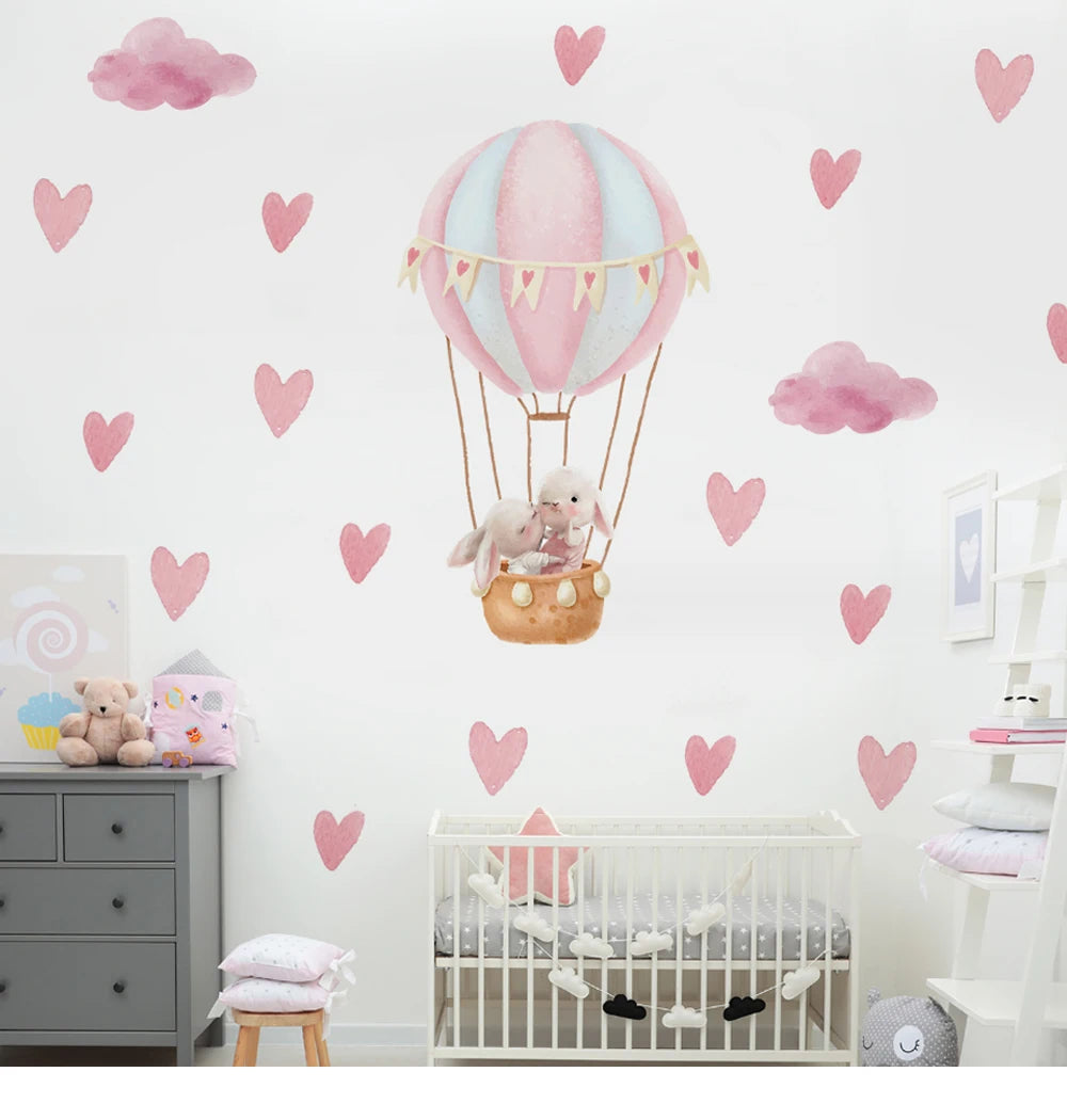 Hase im Ballon und Herzen Wandtattoo