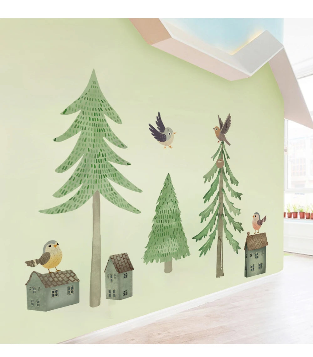 Haus im Wald mit Vögel Wandtattoo
