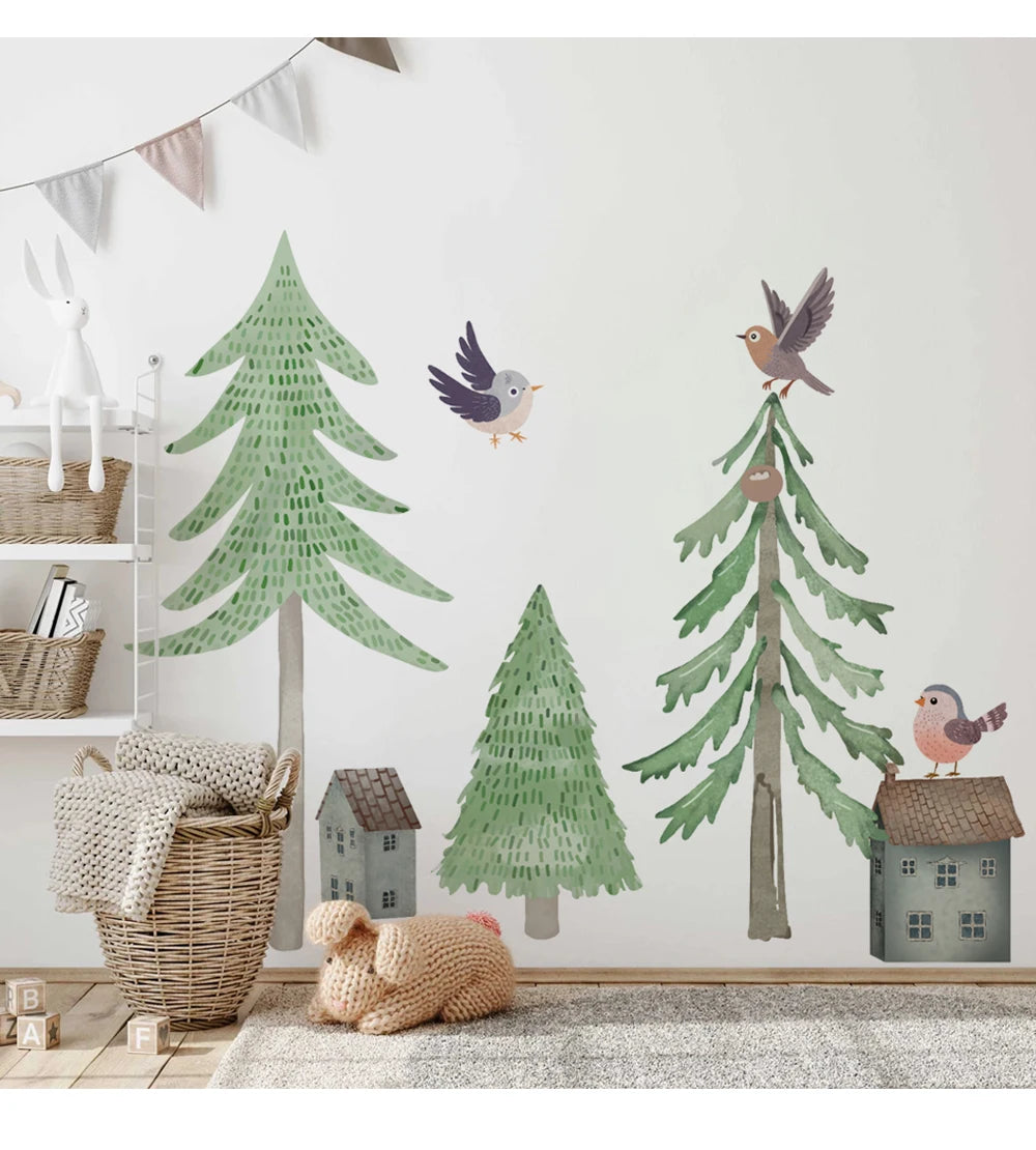 Haus im Wald mit Vögel Wandtattoo