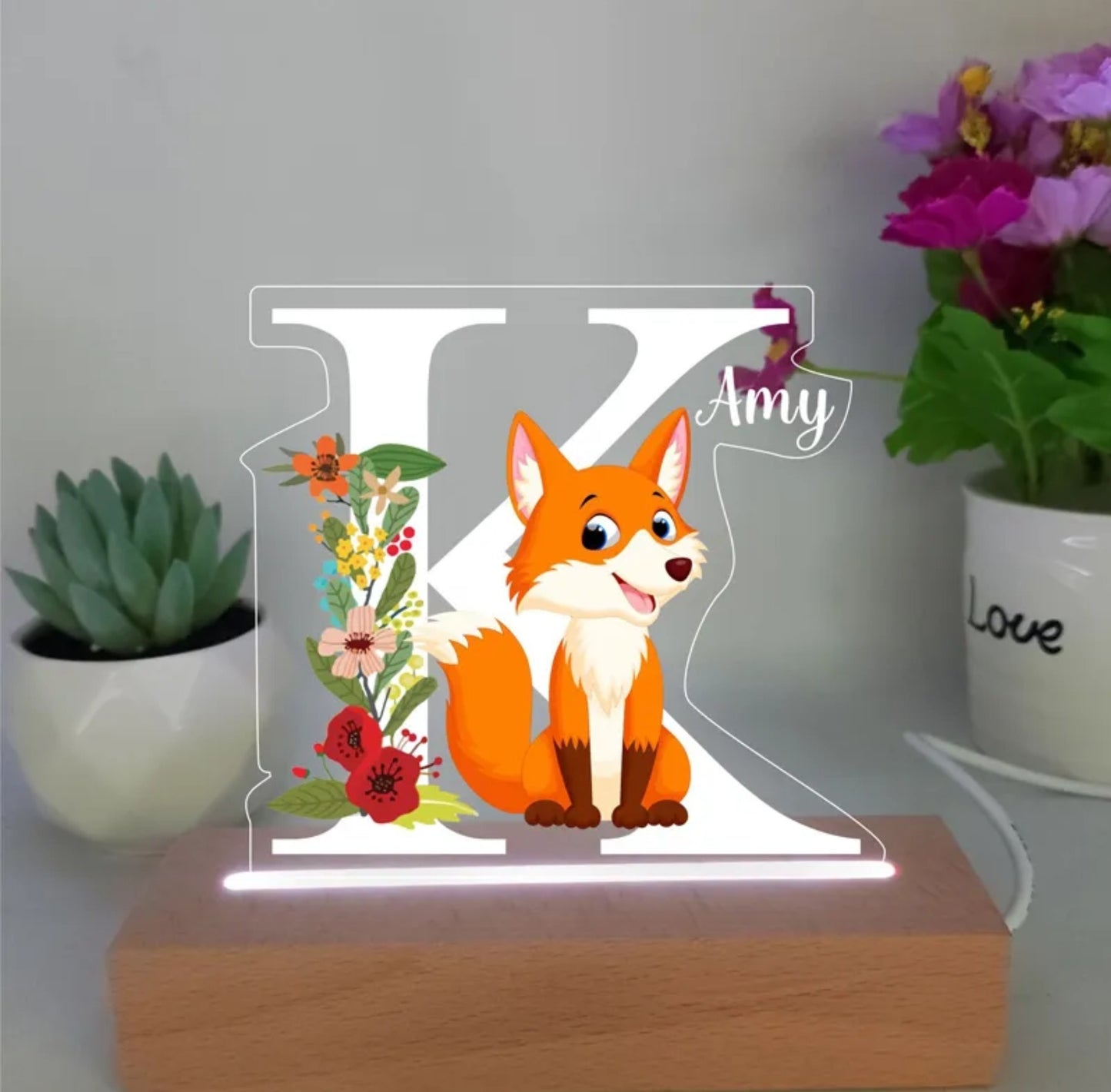 Personalisierte Acryl Lampe Fuchs mit Blumen