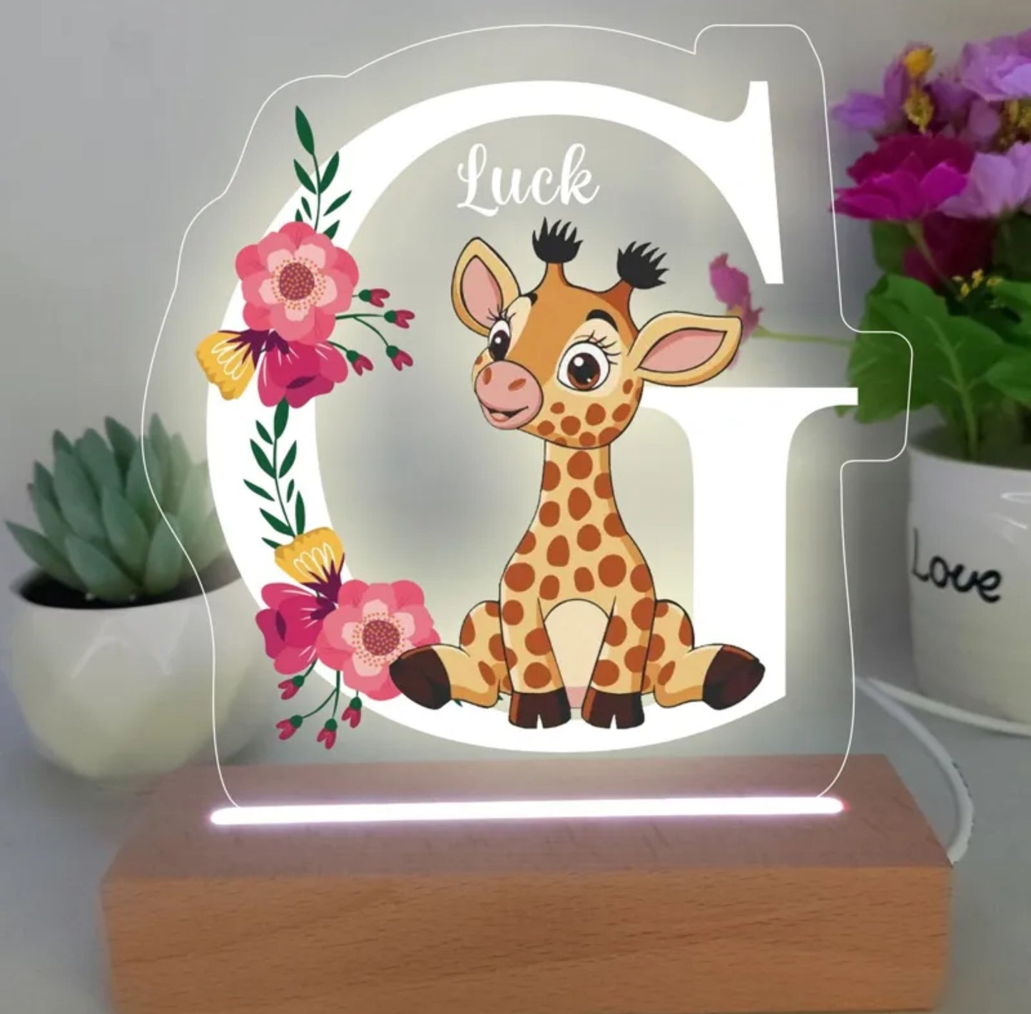 Personalisierte Acryl Lampe Giraffe mit Blumen