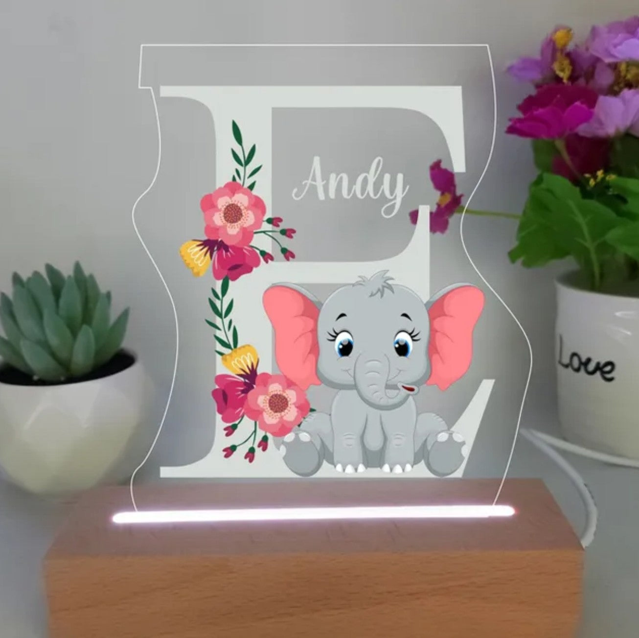 Personalisierte Acryl Lampe Elefant mit Blumen