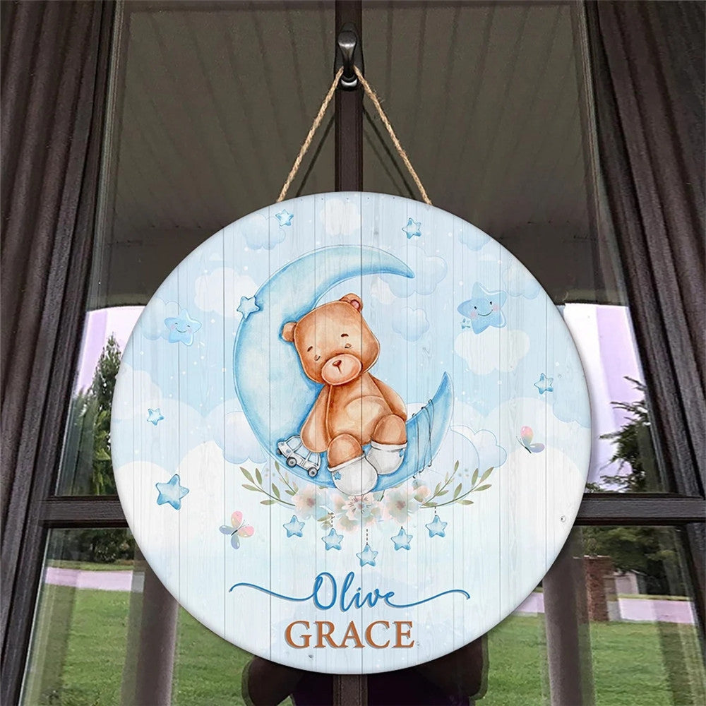 Personalisierbares Holz Schild schlafender Bär auf dem Mond