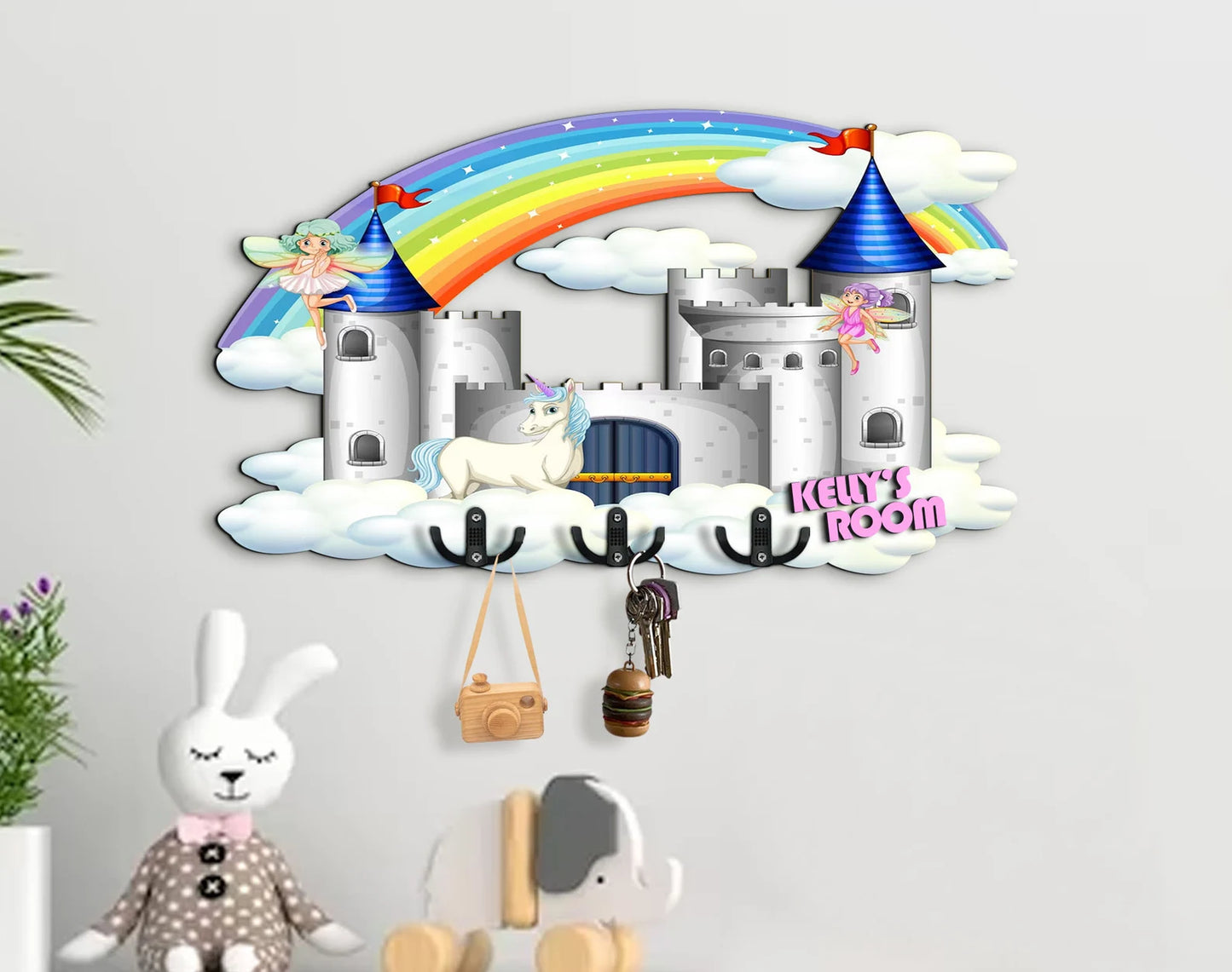 Holzschild Prinzessin Schloss, Regenbogen, Einhorn, Fee