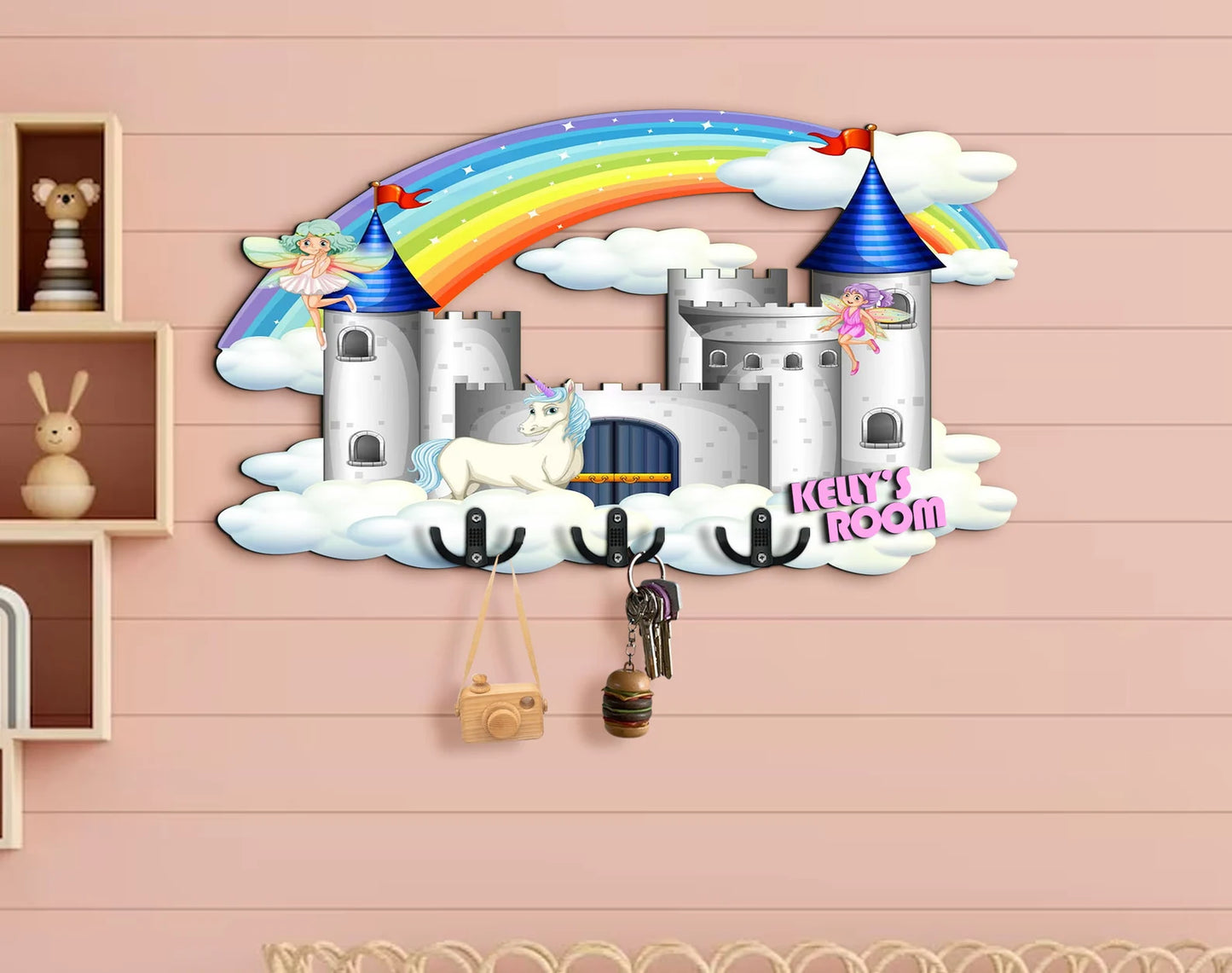 Holzschild Prinzessin Schloss, Regenbogen, Einhorn, Fee