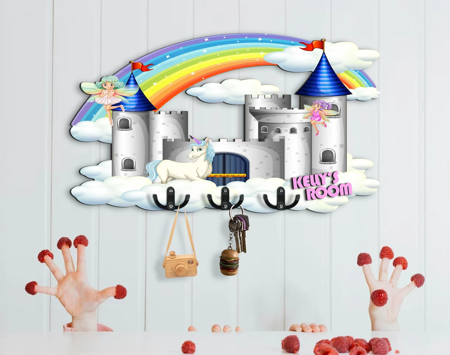 Holzschild Prinzessin Schloss, Regenbogen, Einhorn, Fee