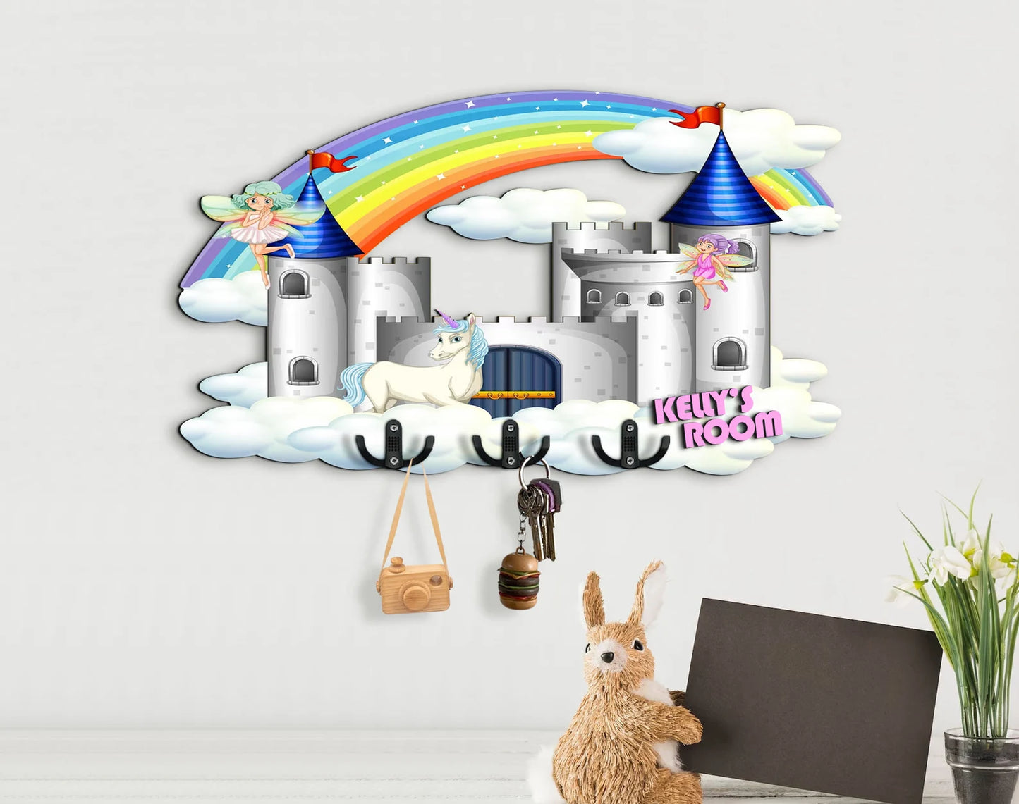 Holzschild Prinzessin Schloss, Regenbogen, Einhorn, Fee