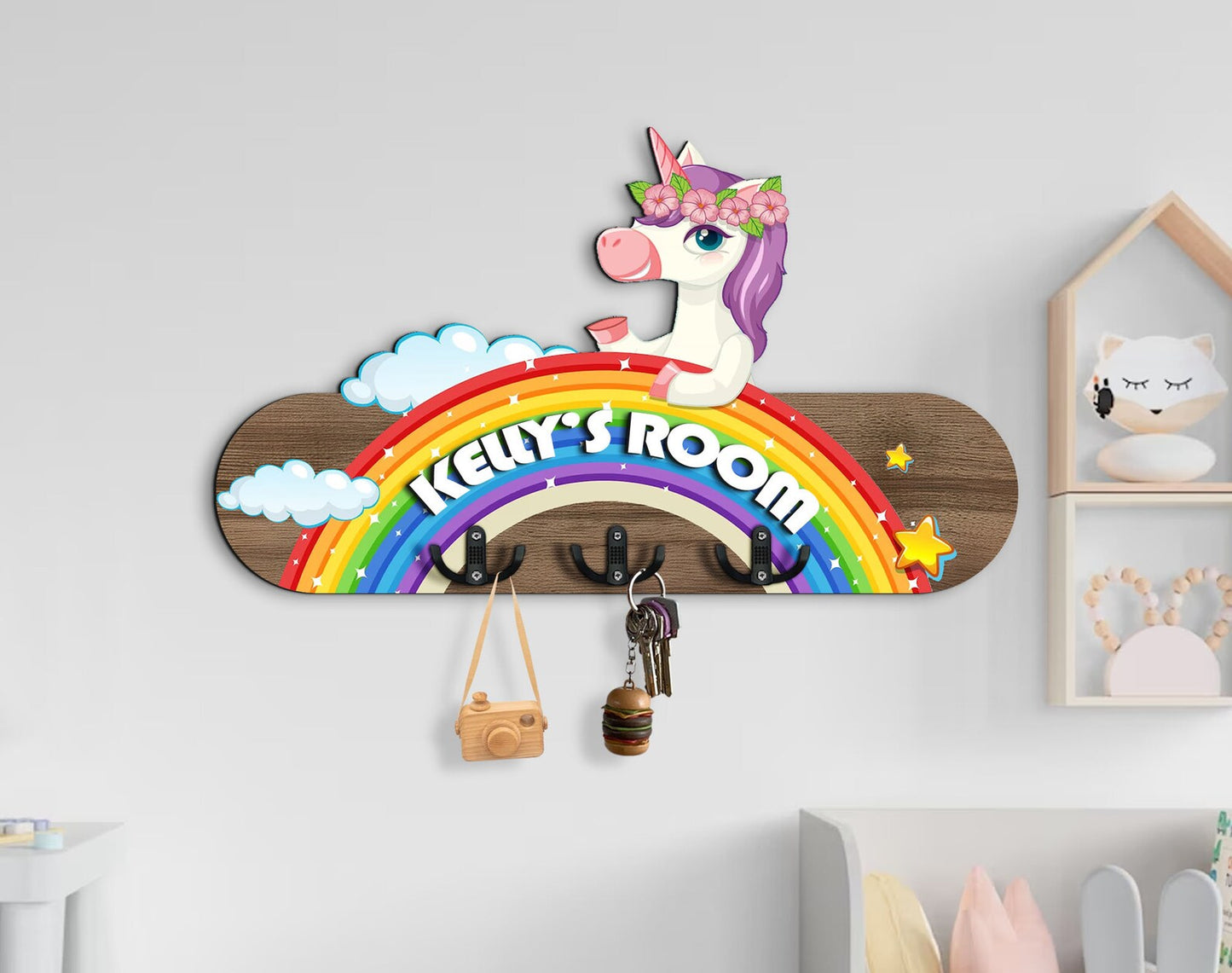 Holzschild Einhorn auf Regenbogen