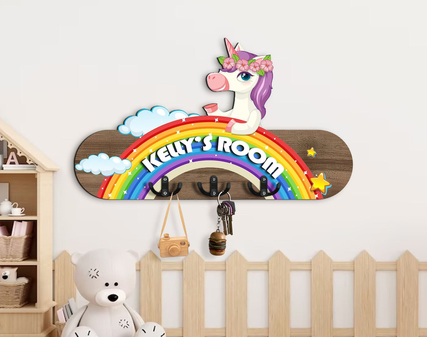 Holzschild Einhorn auf Regenbogen