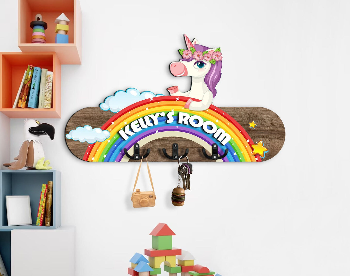 Holzschild Einhorn auf Regenbogen