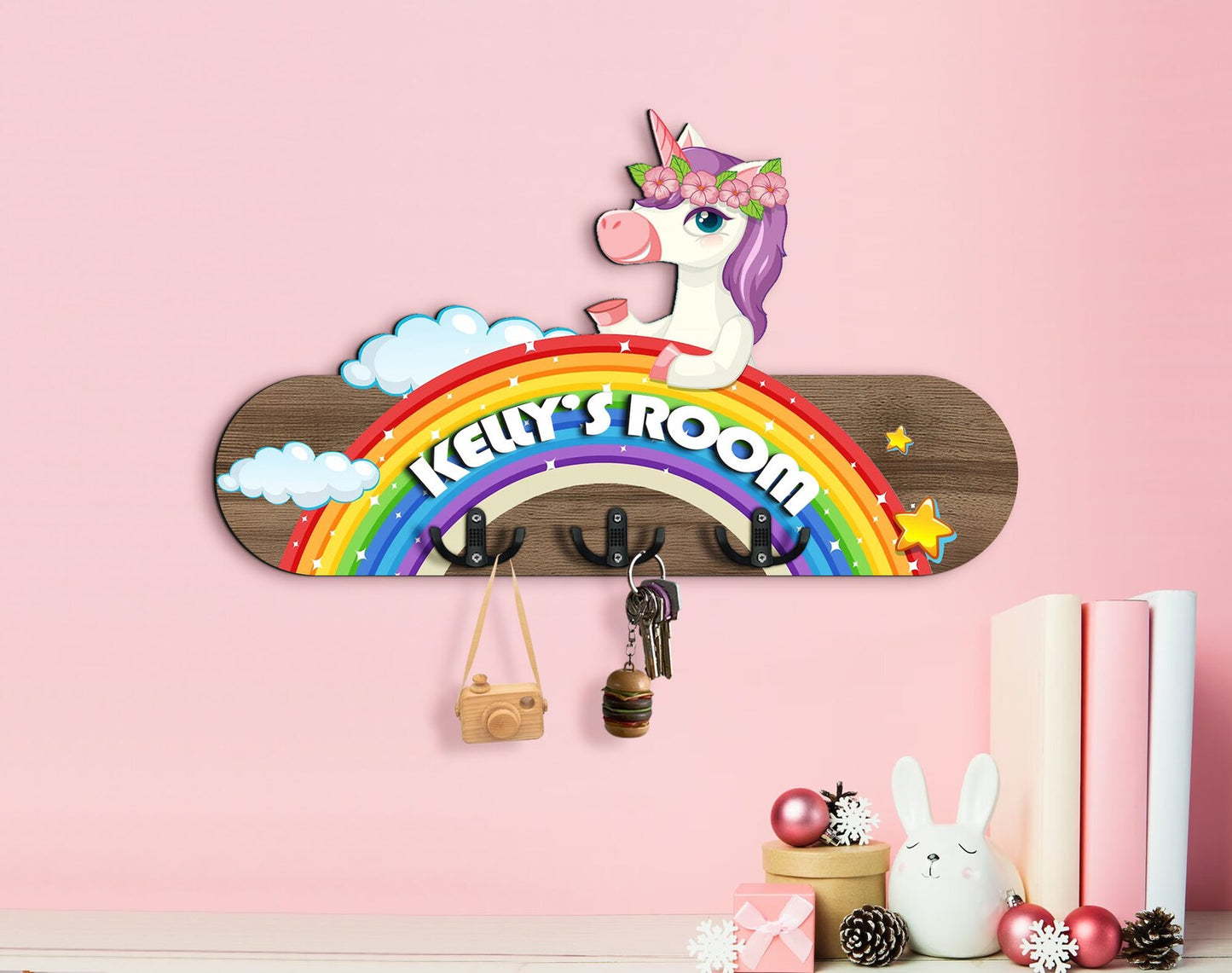 Holzschild Einhorn auf Regenbogen
