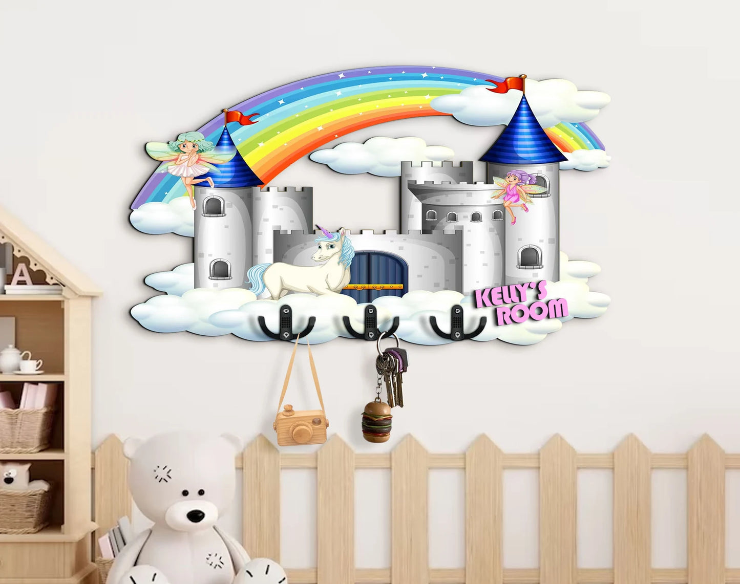 Holzschild Prinzessin Schloss, Regenbogen, Einhorn, Fee