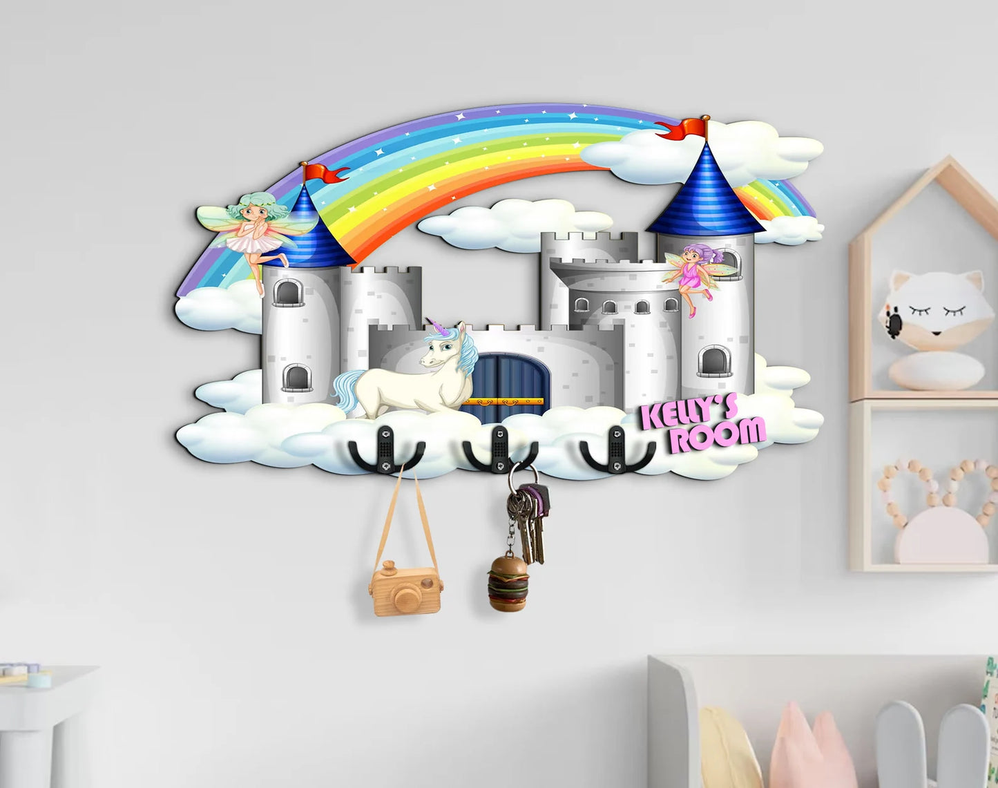 Holzschild Prinzessin Schloss, Regenbogen, Einhorn, Fee