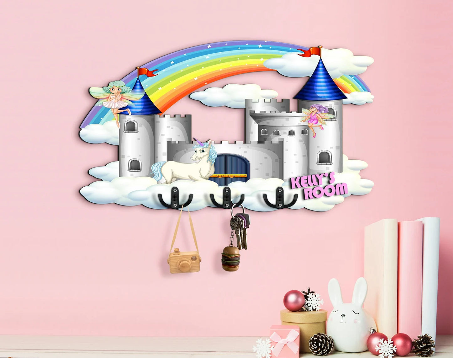 Holzschild Prinzessin Schloss, Regenbogen, Einhorn, Fee