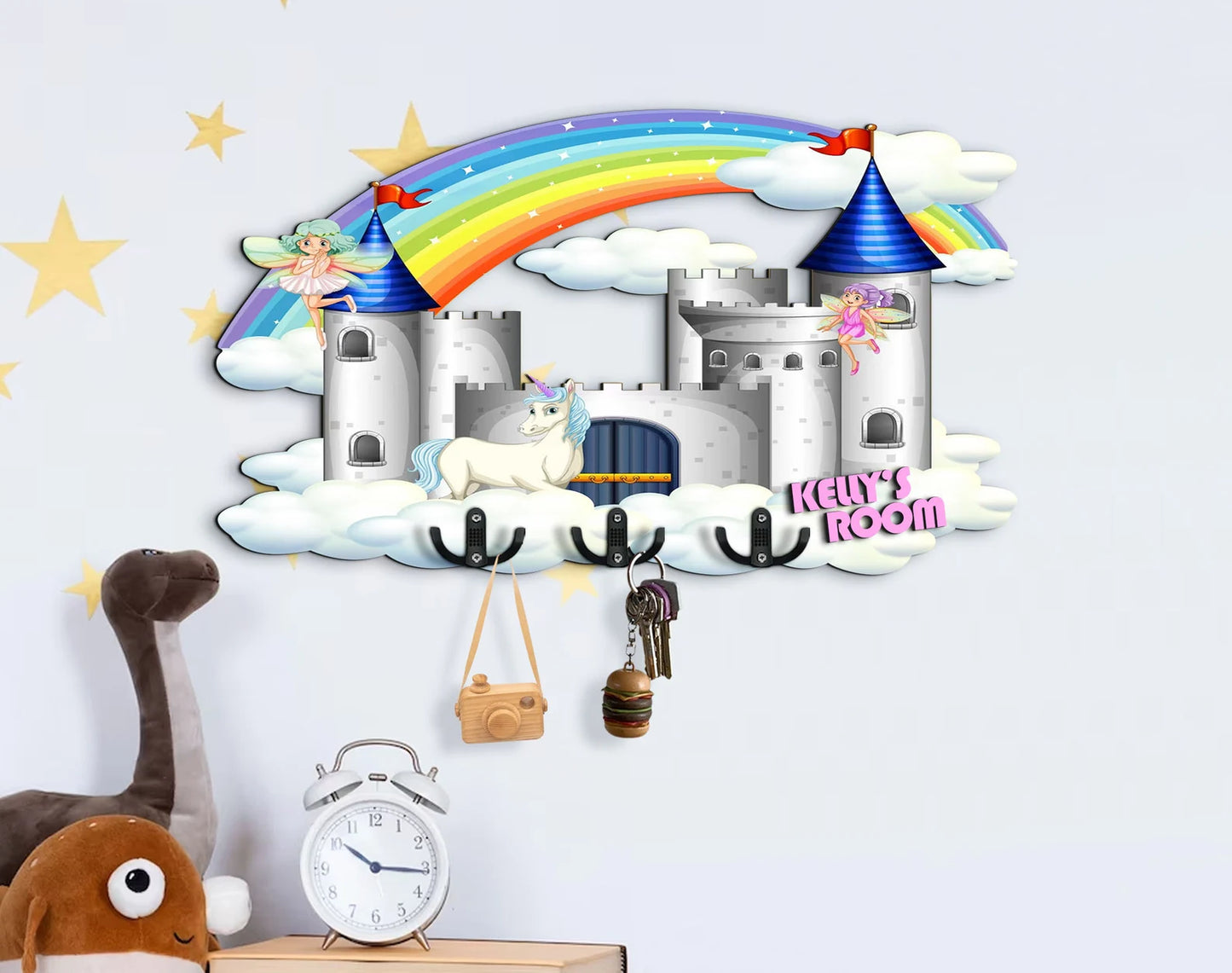 Holzschild Prinzessin Schloss, Regenbogen, Einhorn, Fee