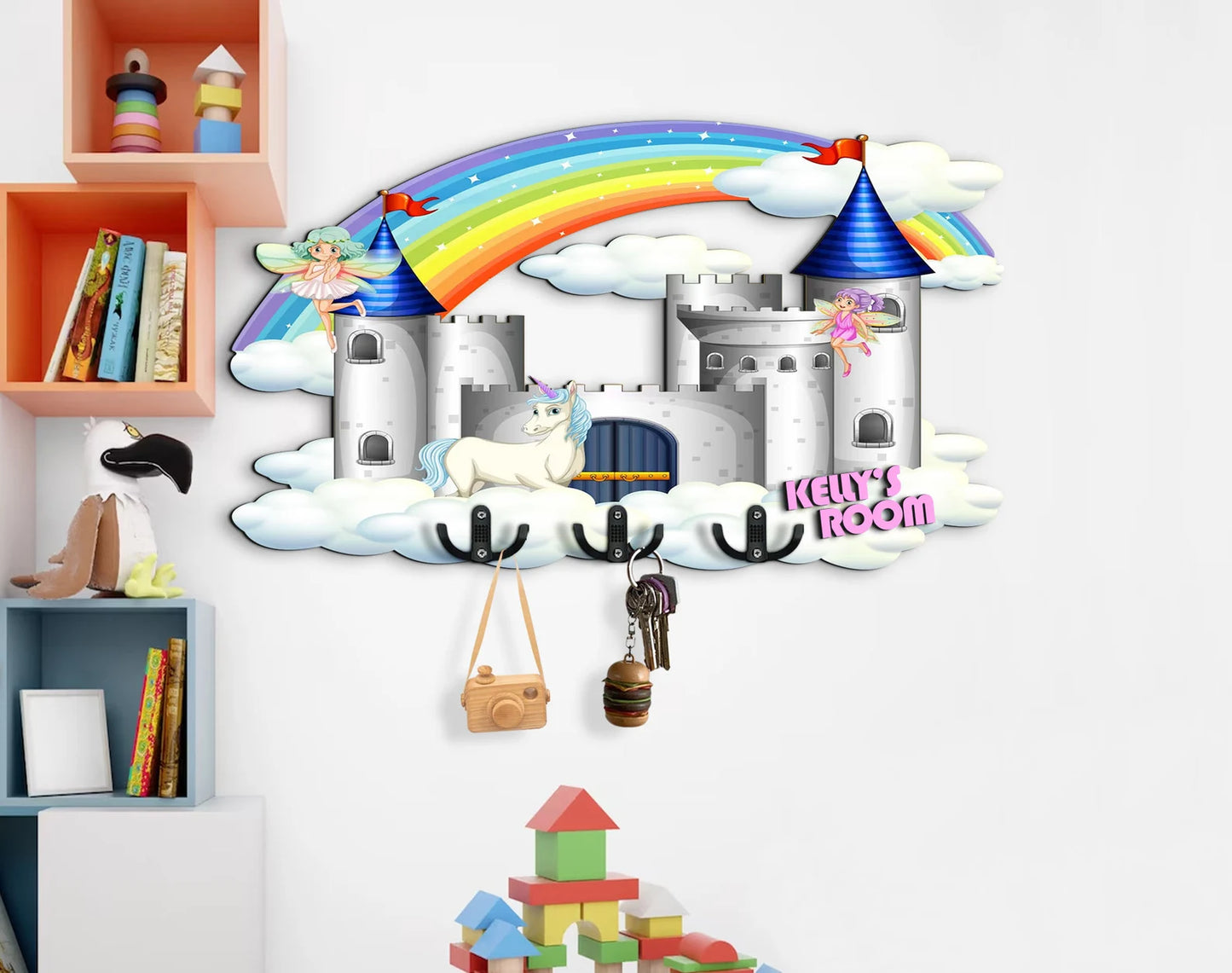 Holzschild Prinzessin Schloss, Regenbogen, Einhorn, Fee