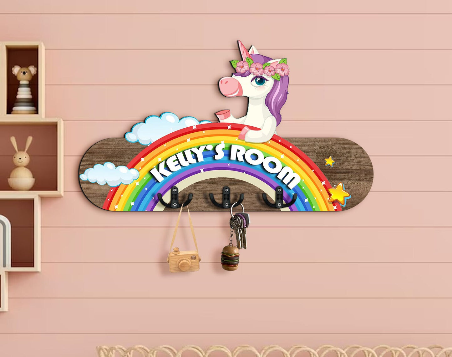 Holzschild Einhorn auf Regenbogen