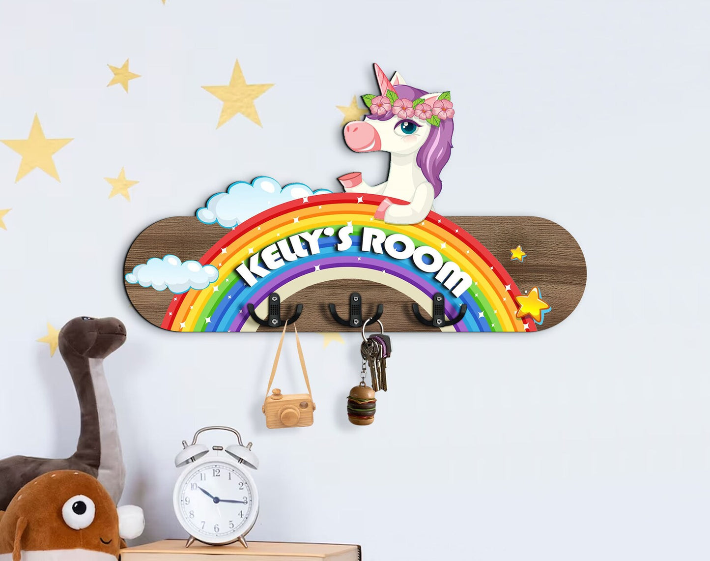 Holzschild Einhorn auf Regenbogen