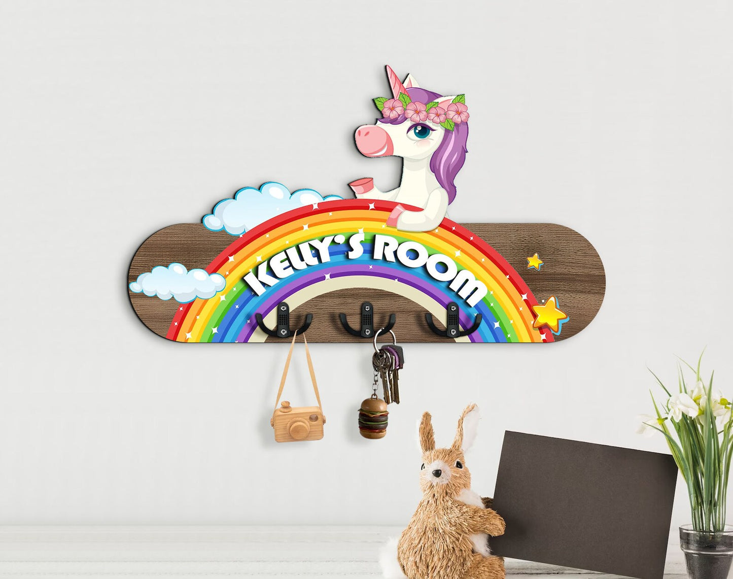 Holzschild Einhorn auf Regenbogen