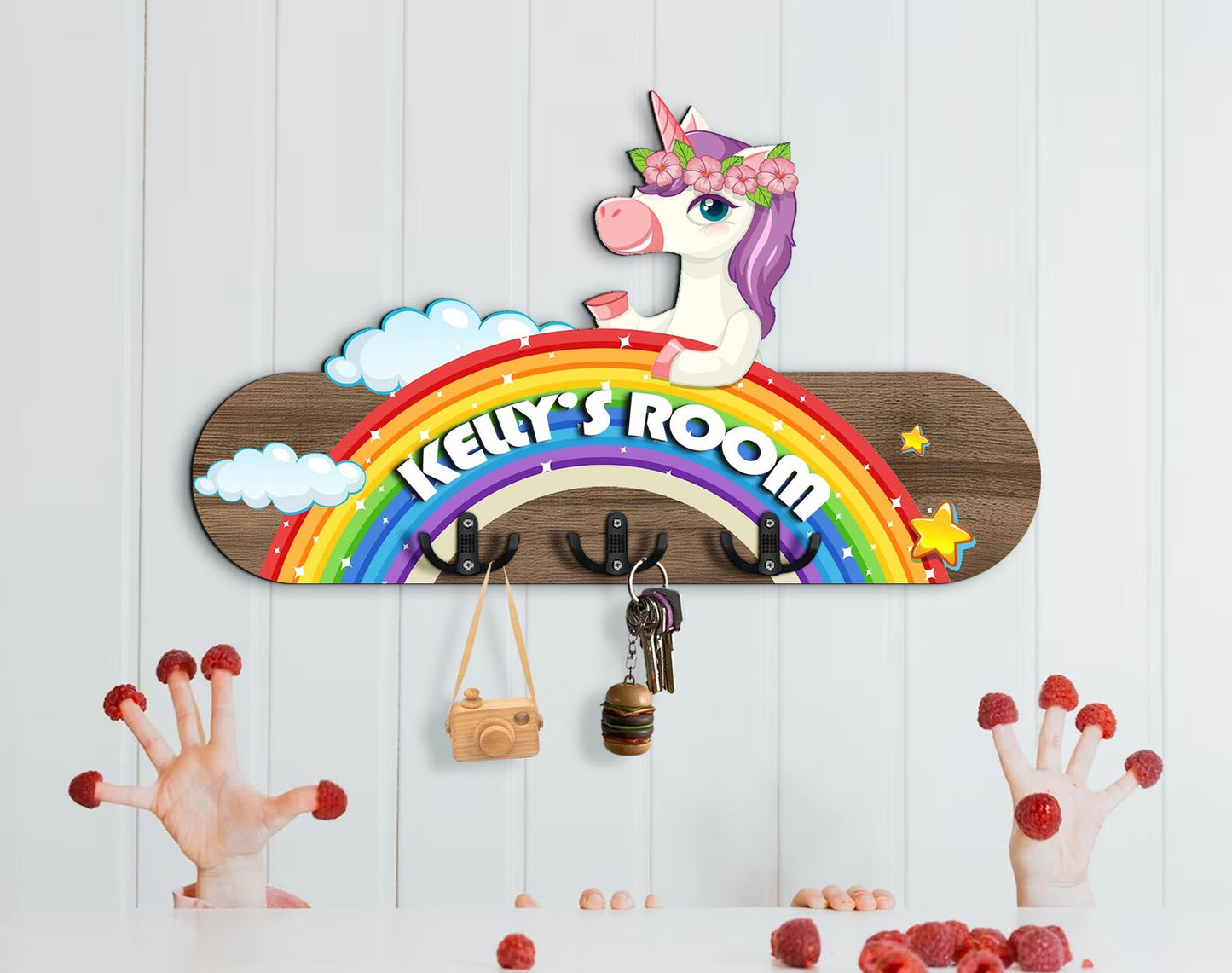 Holzschild Einhorn auf Regenbogen