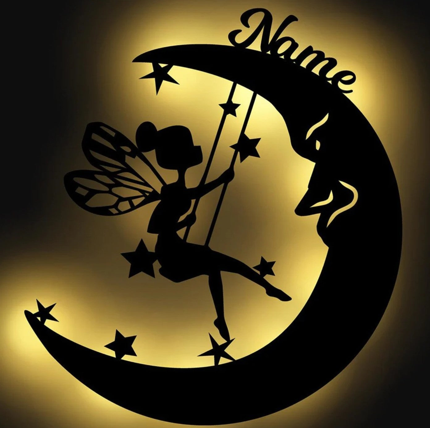 Personalisierbare Lampe Fee schaukelnd auf Mond