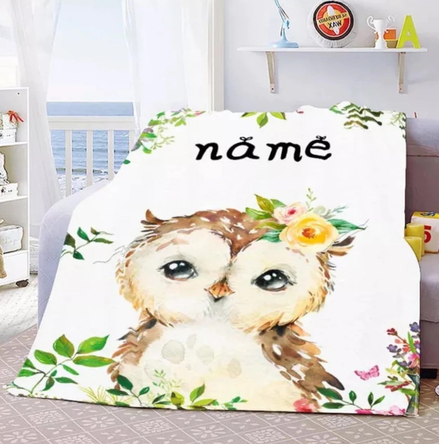 Namensdecke Eule mit gelber Rose am Ohr