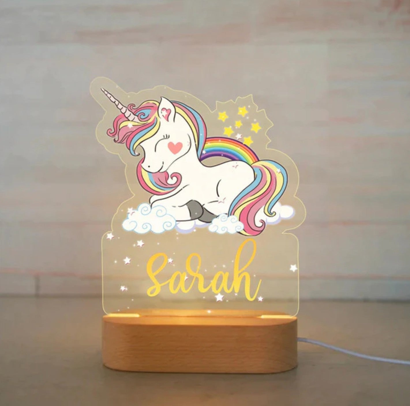 Personalisierbare Acryl Lampe Einhorn mit Regenbogen Farben