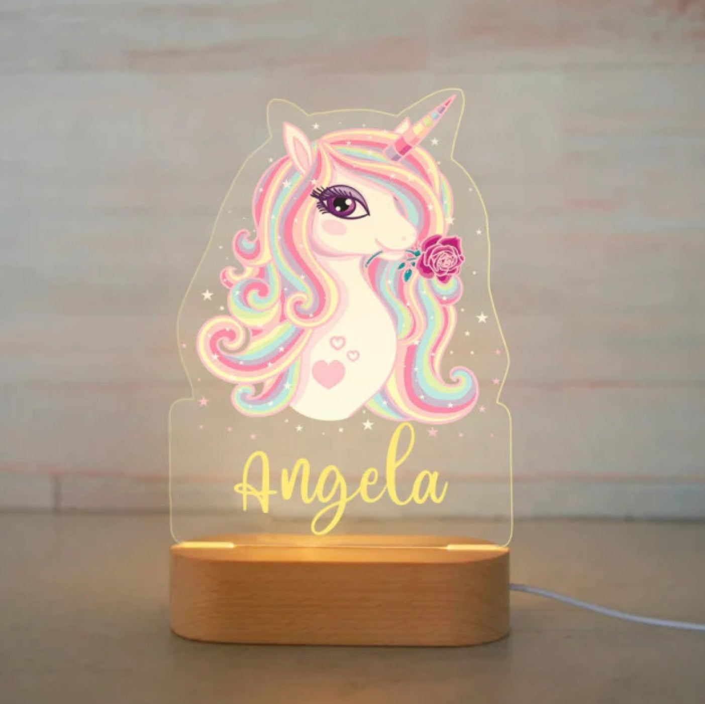 Personalisierbare Acryl Lampe Einhorn mit Regenbogen Farben