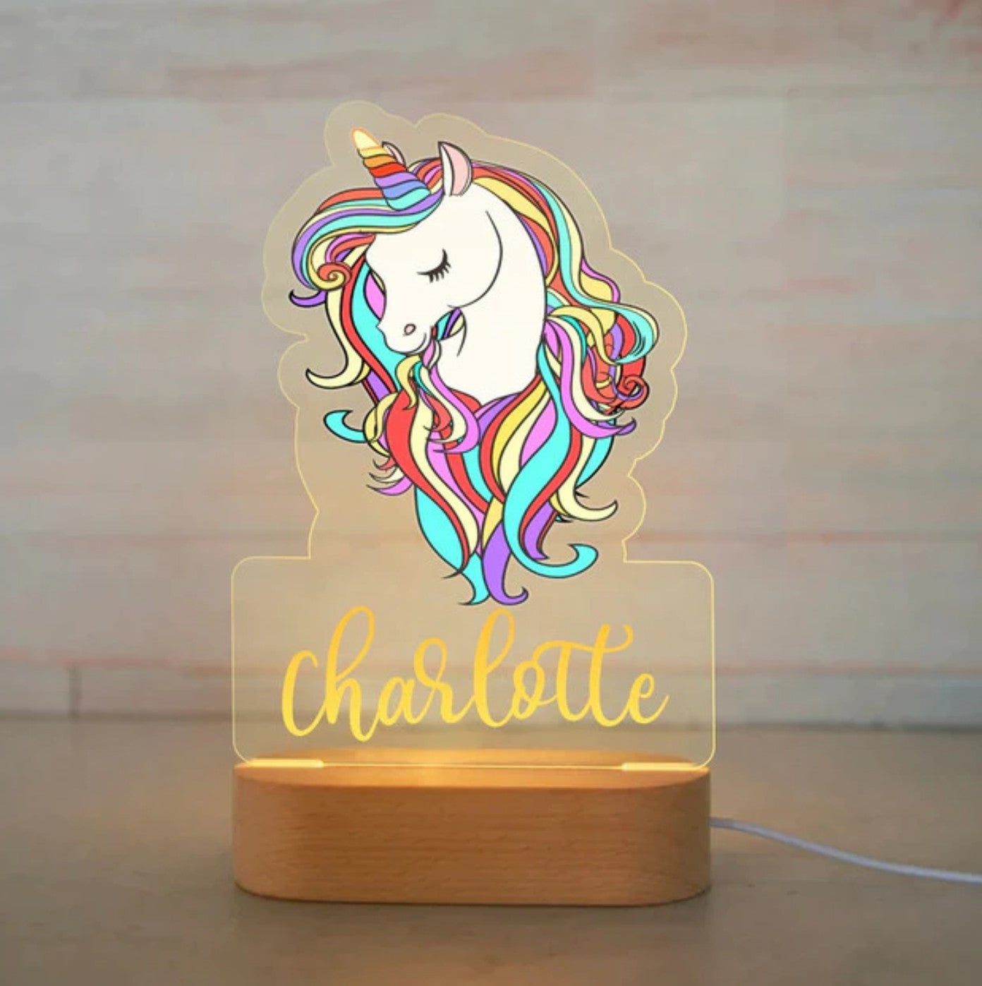Personalisierbare Acryl Lampe Einhorn mit Regenbogen Farben