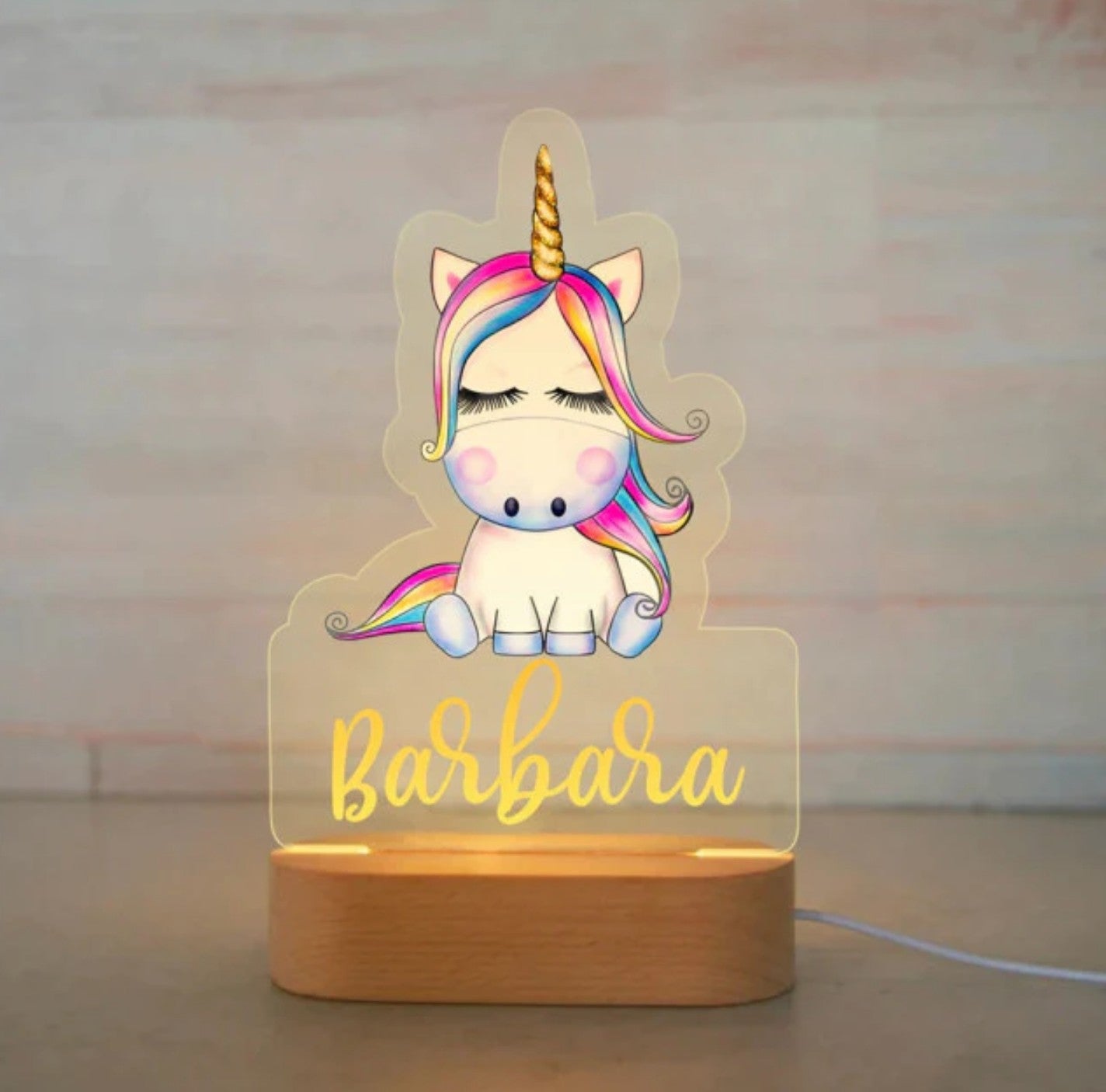Personalisierbare Acryl Lampe Einhorn mit Regenbogen Farben