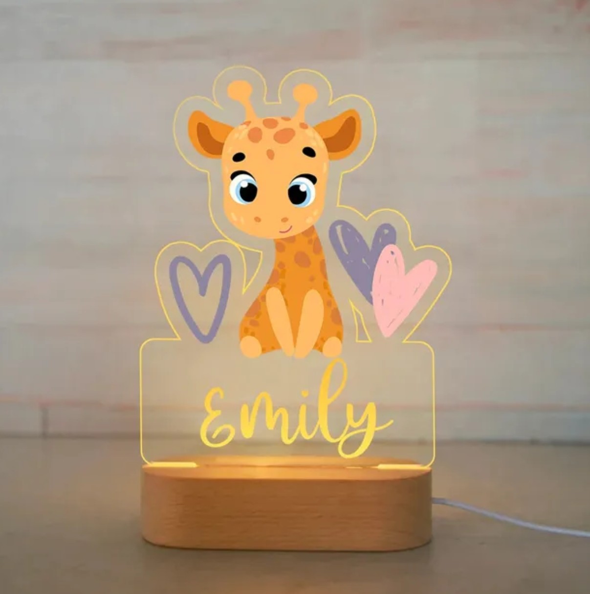 Personalisierbare Acryl Lampe Giraffe mit Herzen