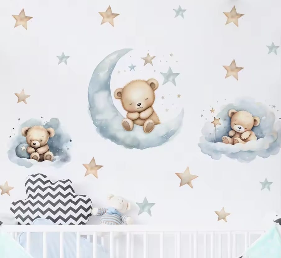 Kuschelbär Mond und Sterne Blau Wandtattoo