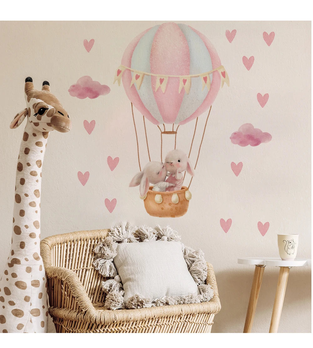 Hase im Ballon und Herzen Wandtattoo
