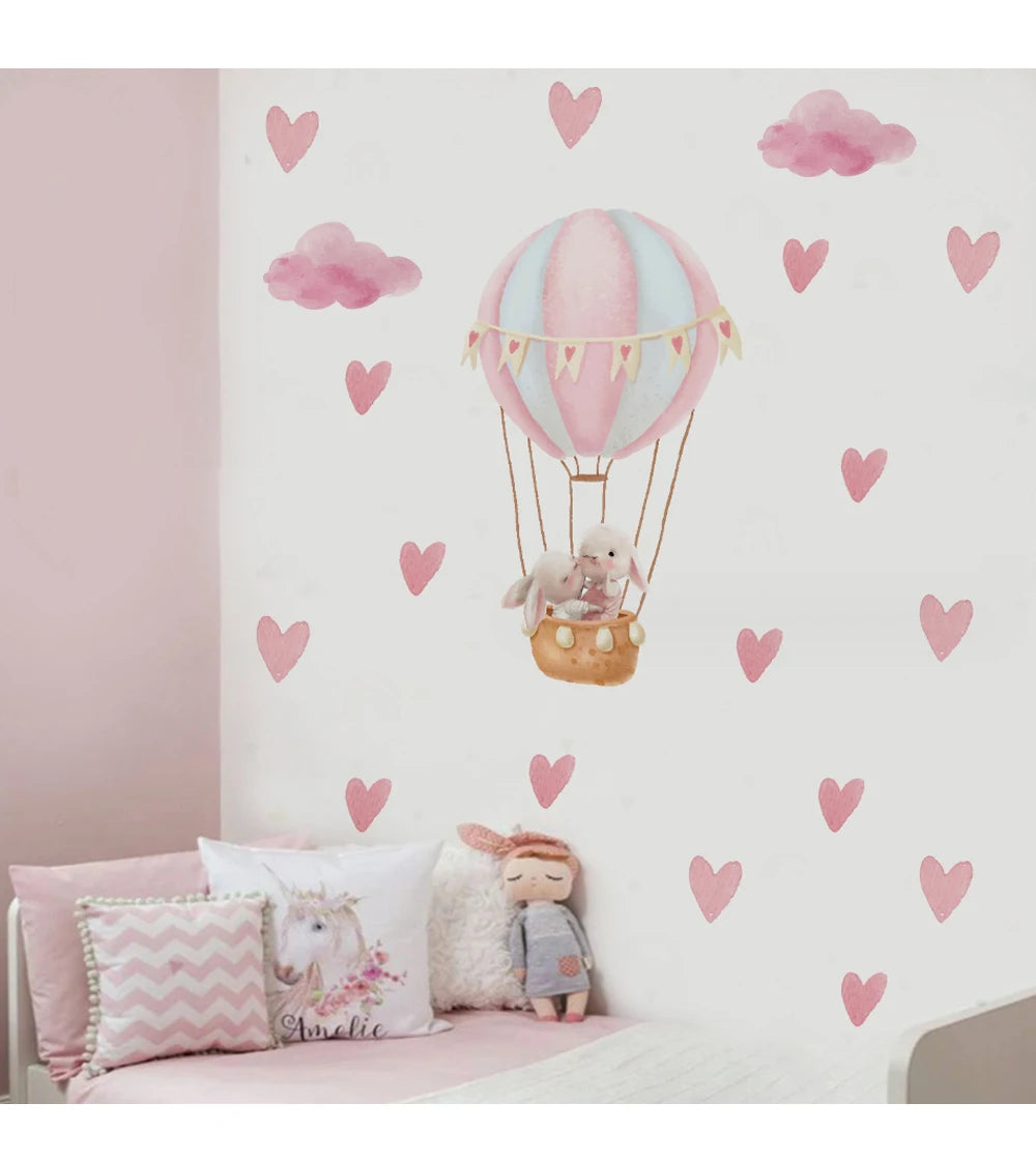 Hase im Ballon und Herzen Wandtattoo