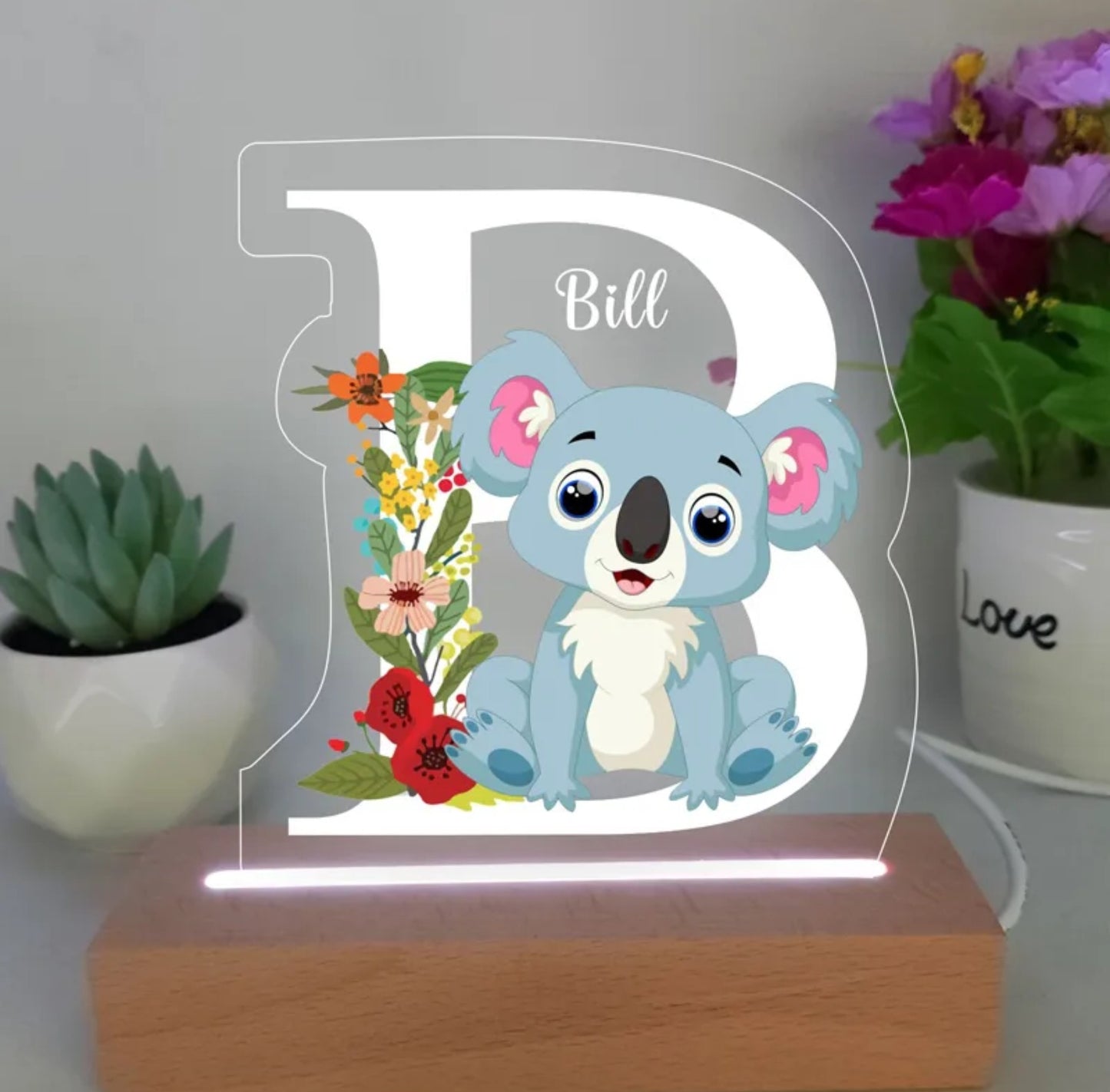 Personalisierte Acryl Lampe Kualabär mit Blumen
