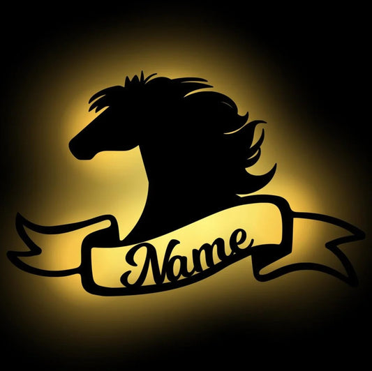 Personalisierbare Lampe Pferdekopf mit Namensschleier