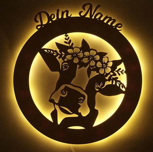 Personalisierbare Lampe Kuhkopf mit Blumen