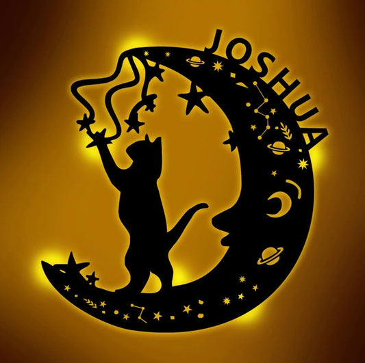 Personalisierbare Lampe spielende Katze auf Mond