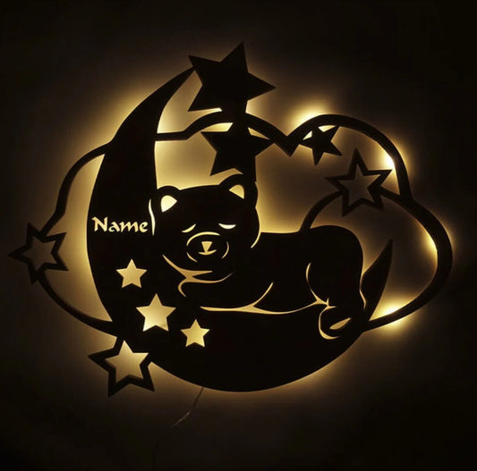 Personalisierbare Lampe schlafender Bär auf Mond