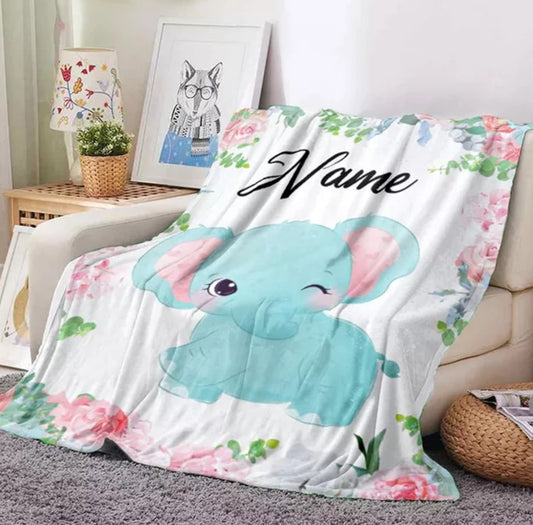 Namensdecke blauer Elefant mit rosa Blumen