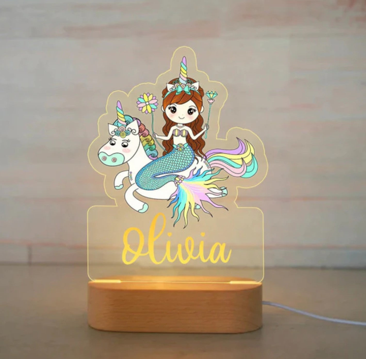 Personalisierbare Acryl Lampe Meerjungfrau auf Einhorn